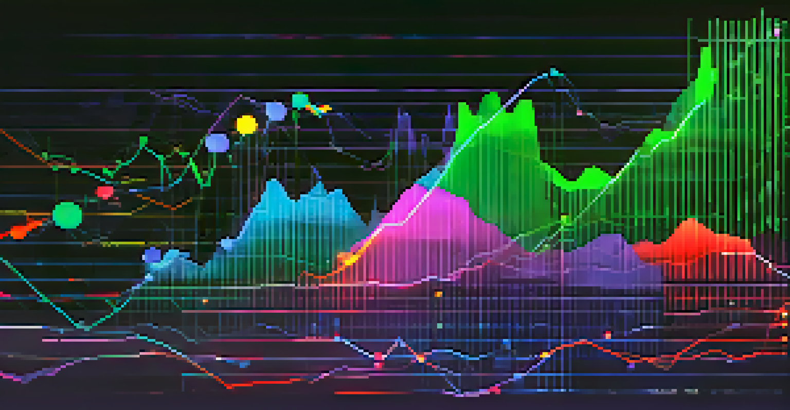 An abstract graphic illustrating cryptocurrency volatility with fluctuating lines and digital coins.