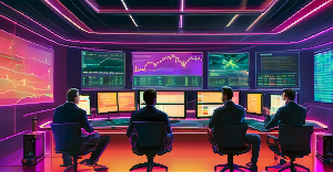 A modern trading room with traders analyzing cryptocurrency data on multiple screens, featuring vibrant graphs and charts.