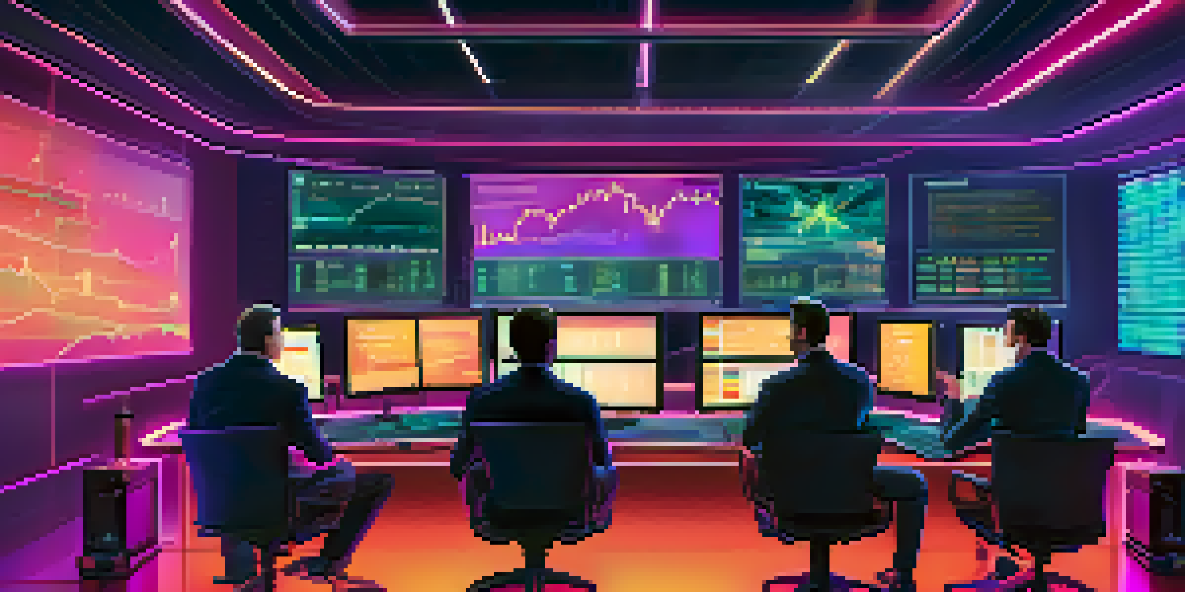 A modern trading room with traders analyzing cryptocurrency data on multiple screens, featuring vibrant graphs and charts.