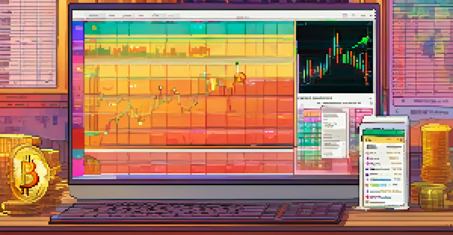 A laptop showing a decentralized exchange interface, surrounded by crypto tokens and a notepad, set on a wooden desk.