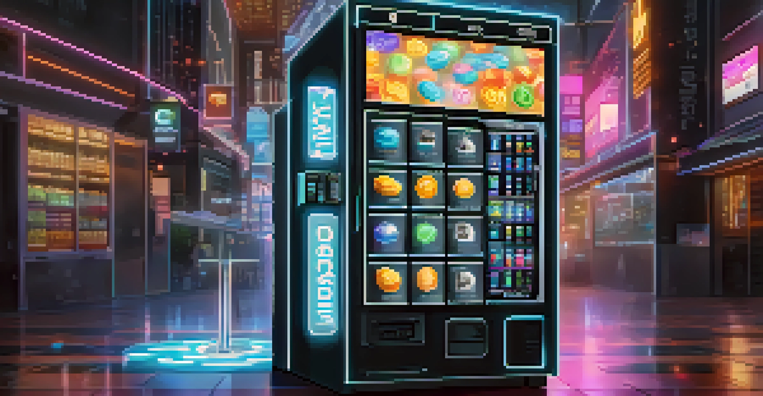 A digital vending machine symbolizing smart contracts dispensing cryptocurrencies, surrounded by glowing code snippets.