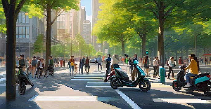 A busy city street with electric scooters, modern buildings, and commuters using smartphones.