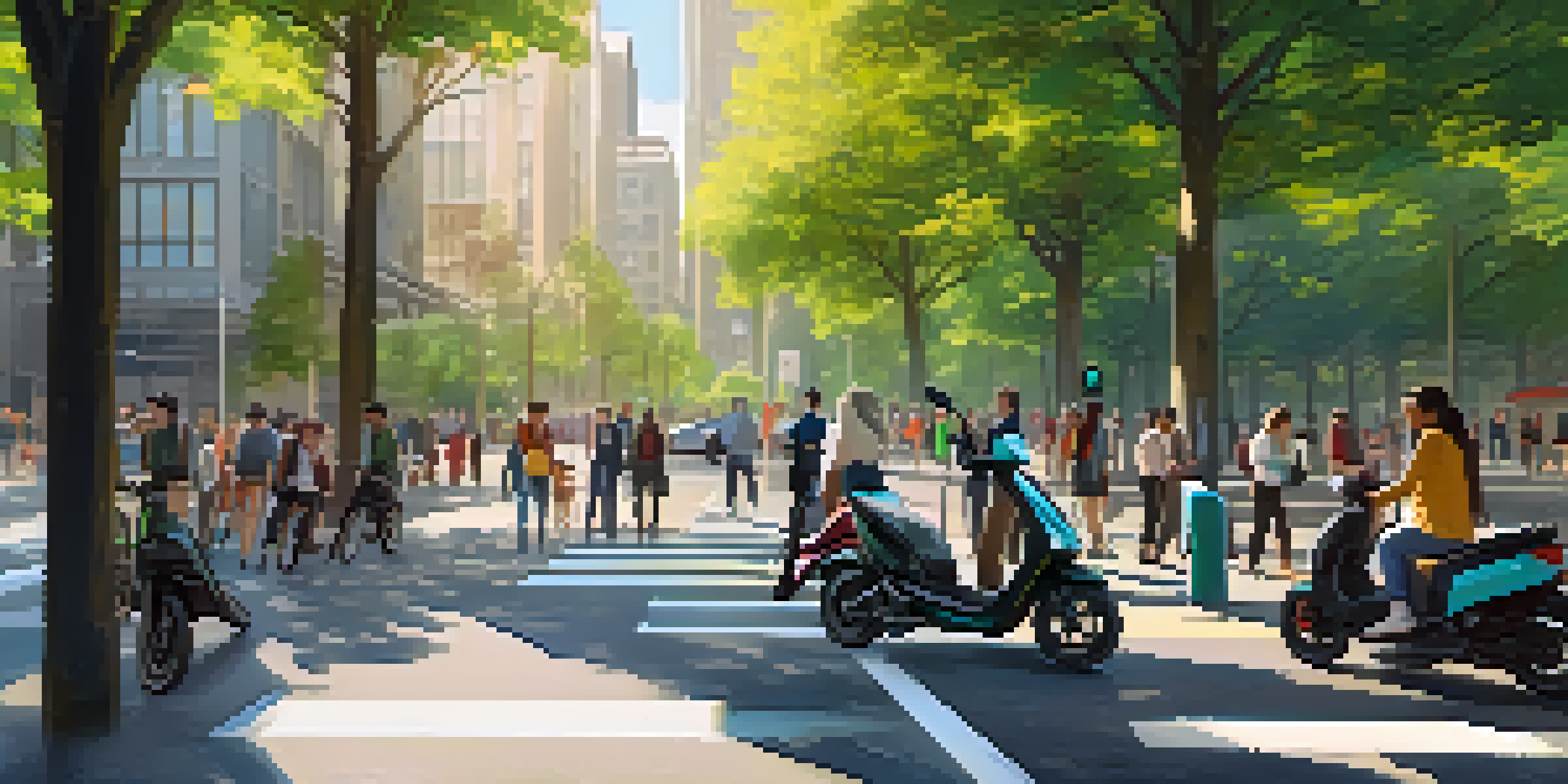A busy city street with electric scooters, modern buildings, and commuters using smartphones.