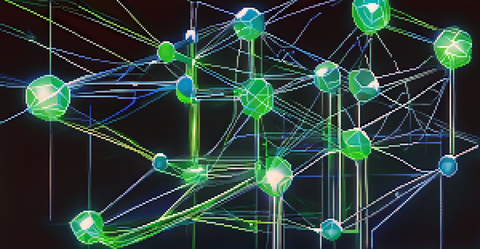 An abstract representation of blockchain technology with glowing nodes and blocks on a dark background.