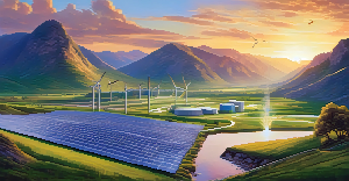 A peaceful view of a cryptocurrency mining farm in a green valley, with solar panels, wind turbines, and a flowing stream under a colorful sunset.