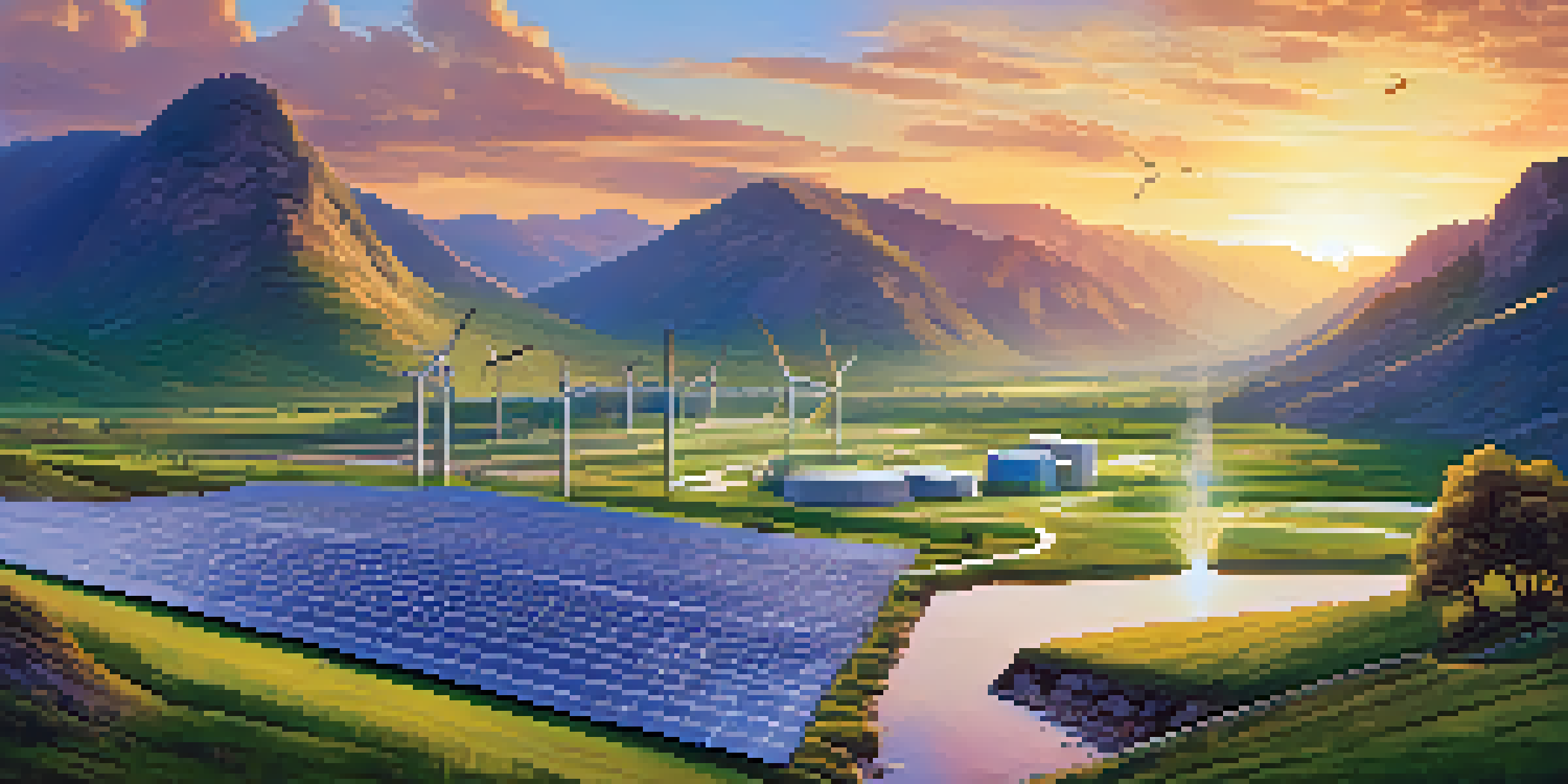 A peaceful view of a cryptocurrency mining farm in a green valley, with solar panels, wind turbines, and a flowing stream under a colorful sunset.