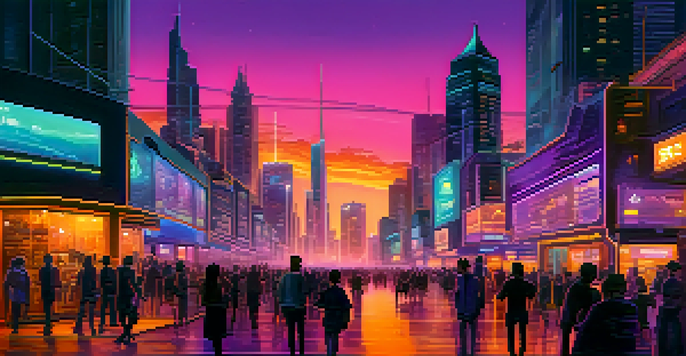 A vibrant city at dusk with traditional banks and cryptocurrency exchanges, illuminated by neon signs, showcasing people using smartphones for transactions.