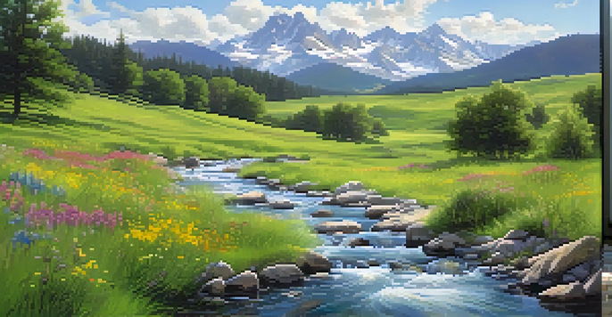 A beautiful green meadow with wildflowers and a stream under a blue sky, with mountains in the background.