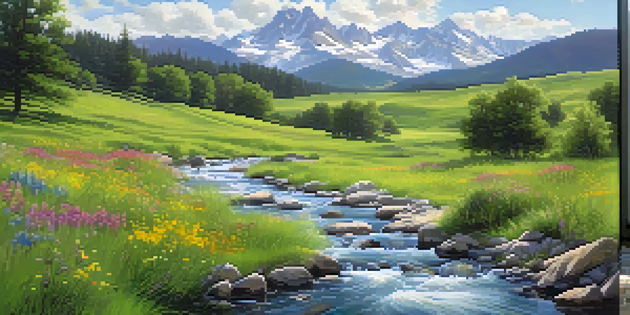 A beautiful green meadow with wildflowers and a stream under a blue sky, with mountains in the background.