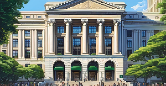 A modern central bank building with a mix of classical and contemporary architecture, surrounded by greenery and people discussing finance.
