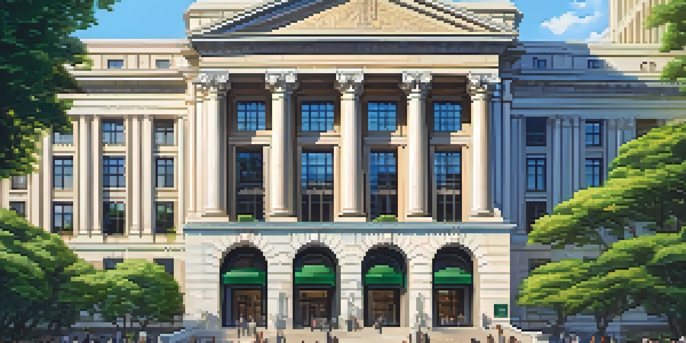A modern central bank building with a mix of classical and contemporary architecture, surrounded by greenery and people discussing finance.