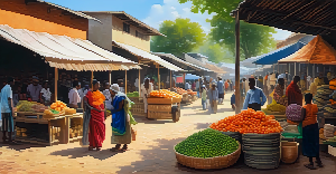 A lively marketplace with colorful stalls and people exchanging cash in a developing country, illuminated by soft sunlight.