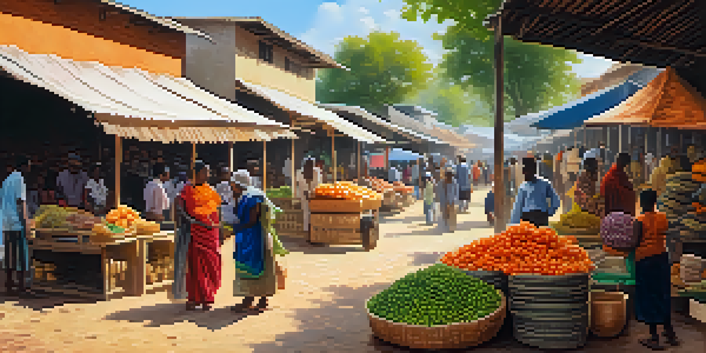 A lively marketplace with colorful stalls and people exchanging cash in a developing country, illuminated by soft sunlight.