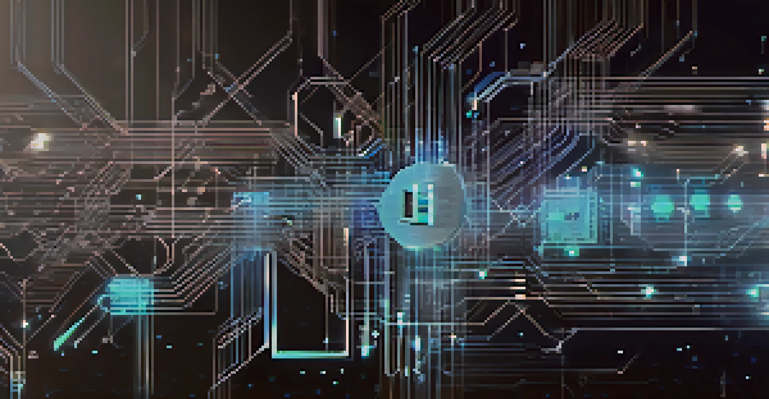 An abstract visual of a smart contract flowing into a blockchain, with a glowing document and circuit patterns.