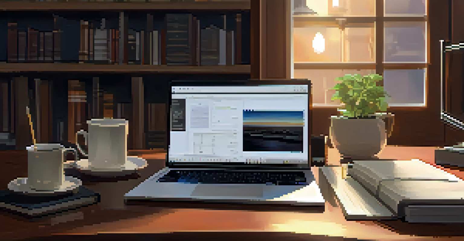 A cozy workspace with a laptop showing candlestick charts, surrounded by books and a cup of coffee.