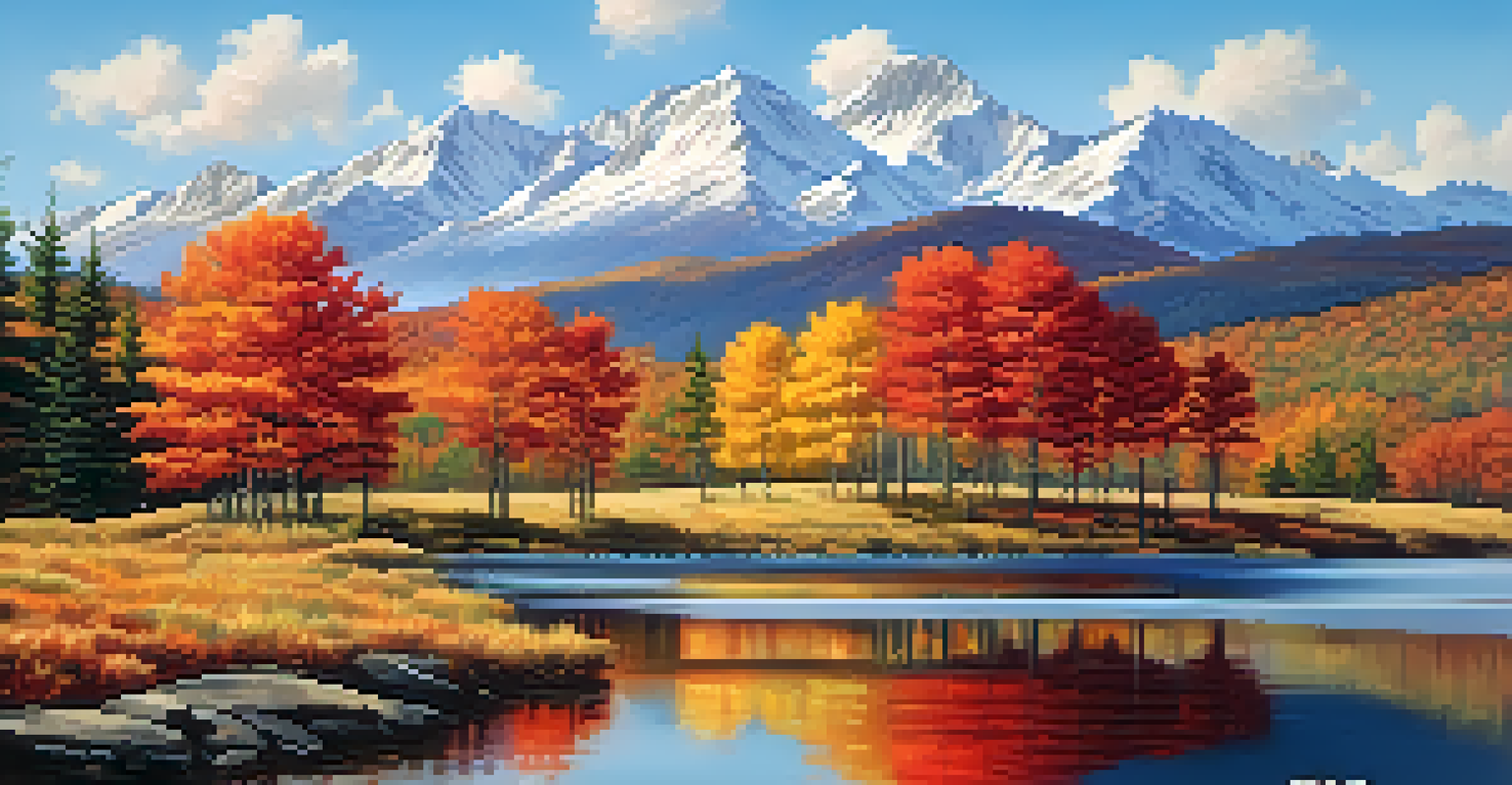 A peaceful autumn mountain landscape with colorful trees and a calm lake reflecting the scenery.