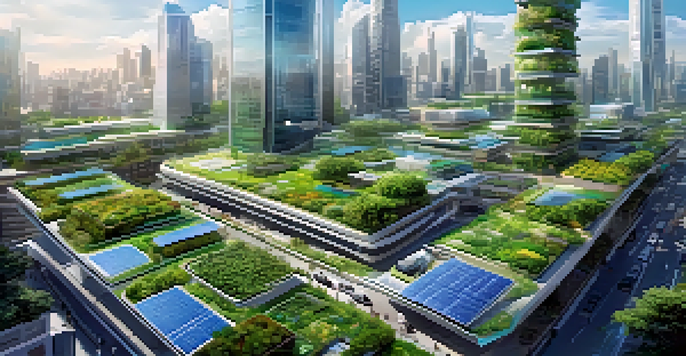 A vibrant futuristic city with solar-powered skyscrapers, electric vehicles, and urban gardens, representing smart city technology and sustainability.