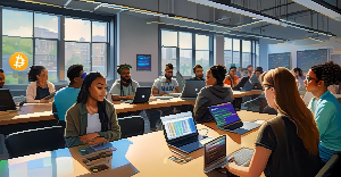 A diverse group of people in a bright workshop learning about cryptocurrency with laptops and charts.