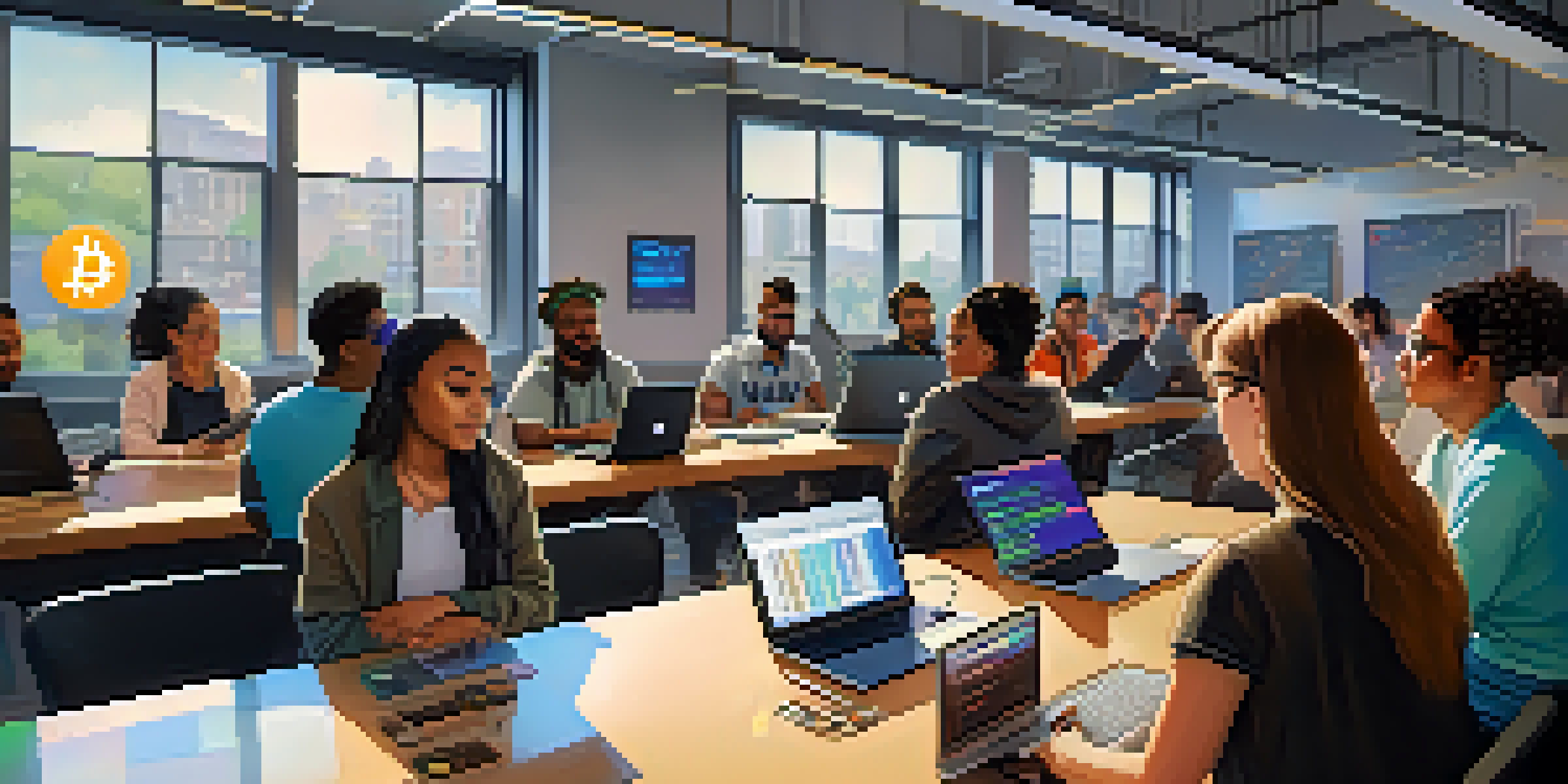 A diverse group of people in a bright workshop learning about cryptocurrency with laptops and charts.