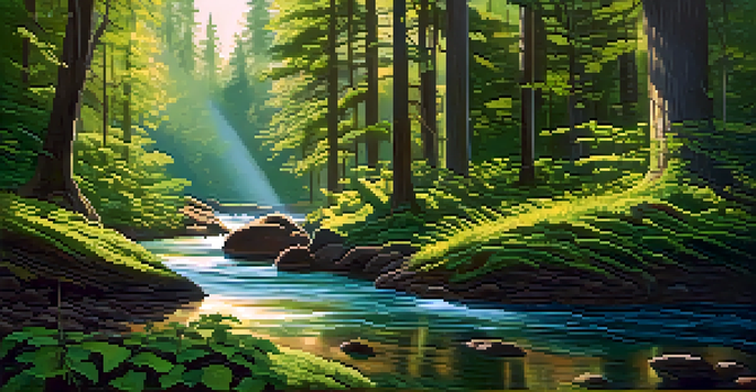 A digital artwork showing a split forest with one side healthy and vibrant, and the other side showing deforestation.