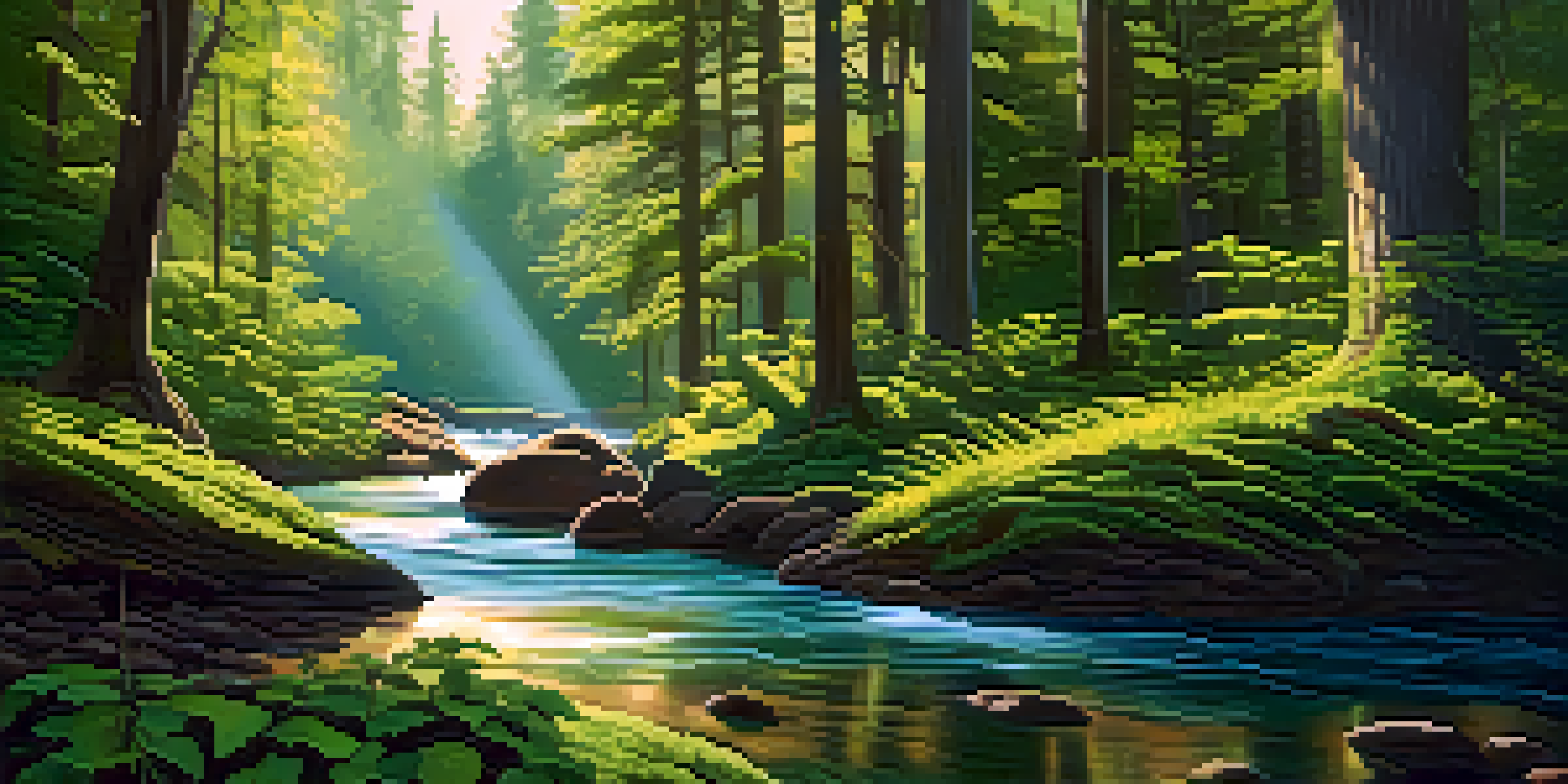 A digital artwork showing a split forest with one side healthy and vibrant, and the other side showing deforestation.