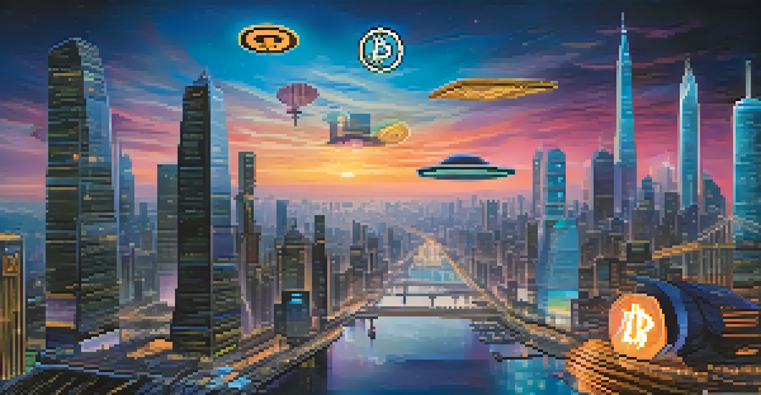 A futuristic city skyline at dusk with holographic displays of cryptocurrency values and flying vehicles.