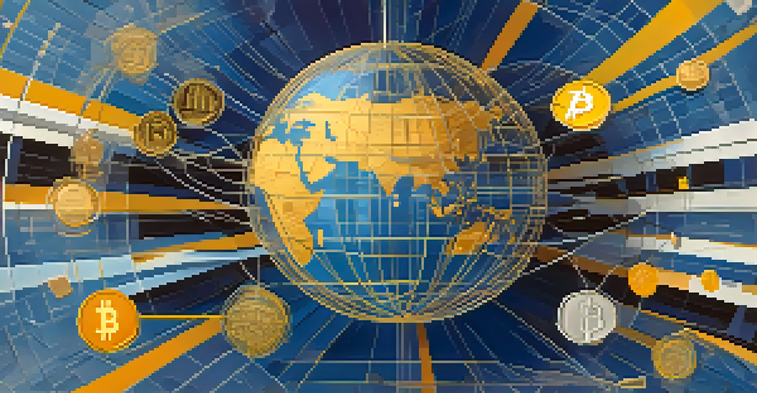 An abstract globe with national flags and cryptocurrency symbols, representing global collaboration in regulation.