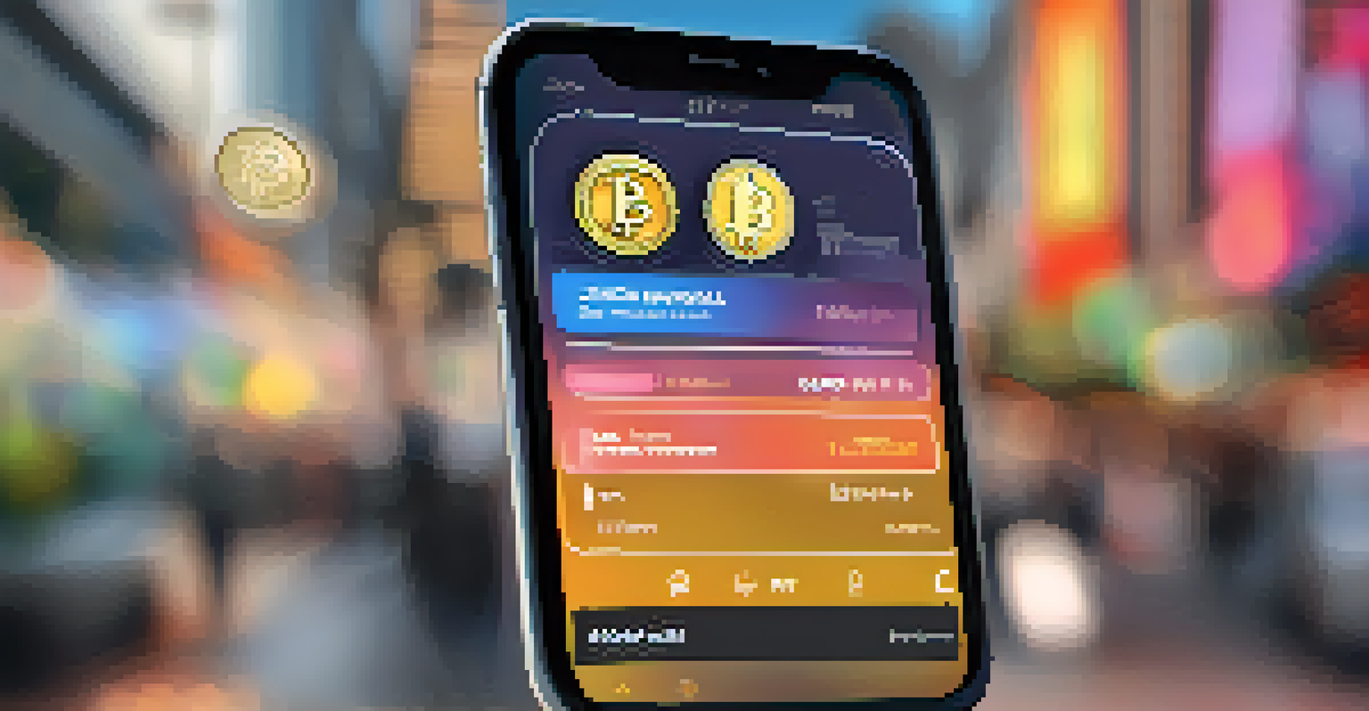 A close-up of a smartphone displaying a cryptocurrency wallet app with digital coins, set against a blurred city street background.