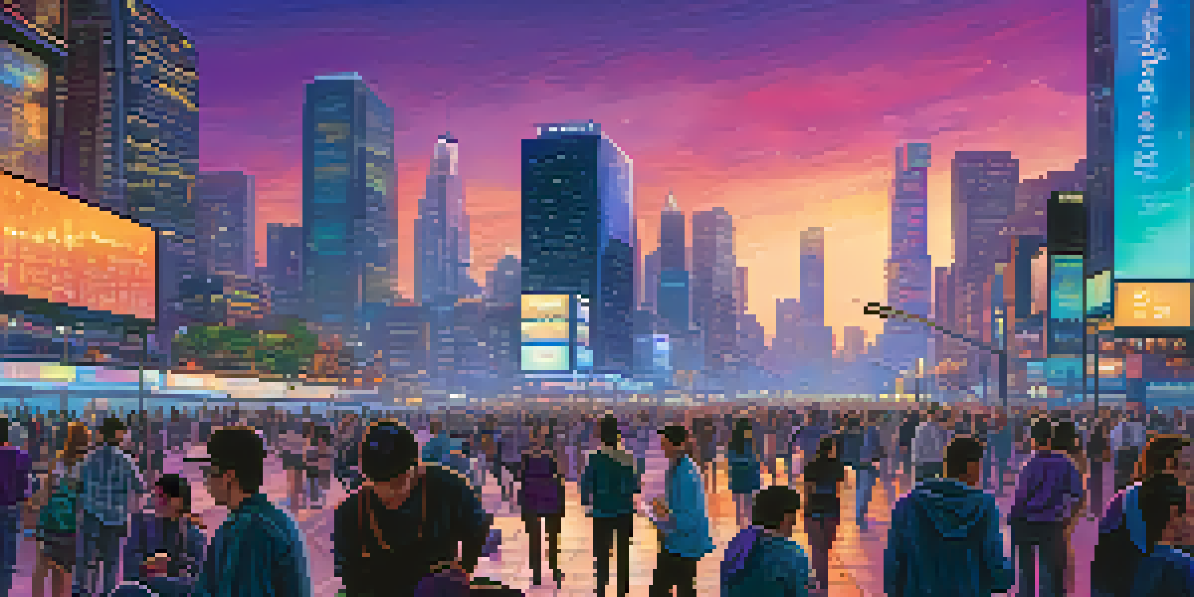 A city skyline at dusk with digital billboards showing cryptocurrency prices, and people discussing in the foreground.
