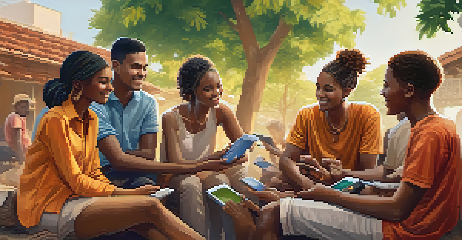 A diverse group of people discussing remittance options, with some using smartphones for cryptocurrency and others with traditional receipts.