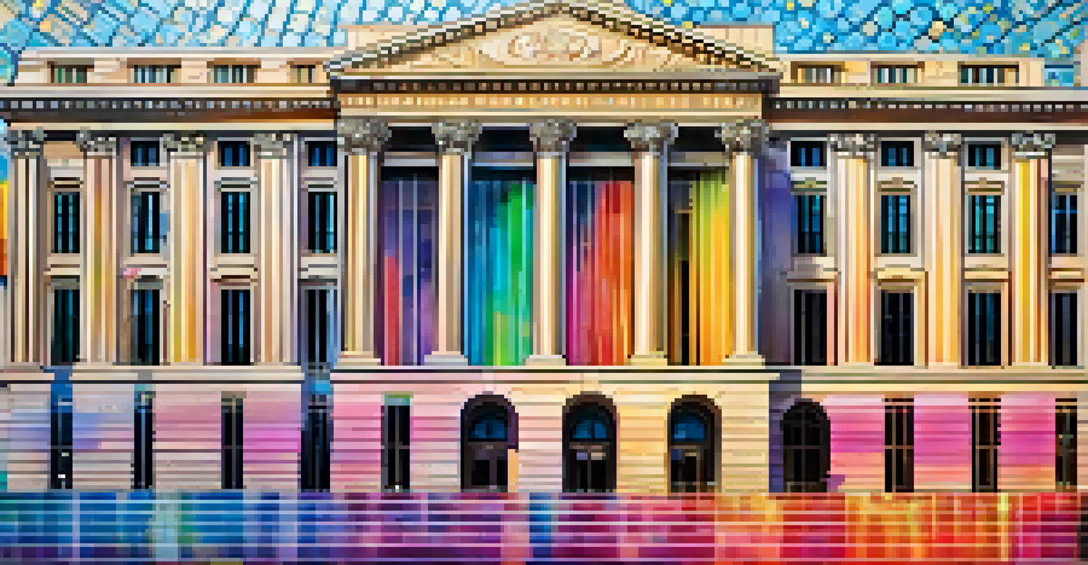 A central bank building with digital binary code and blockchain patterns overlay.