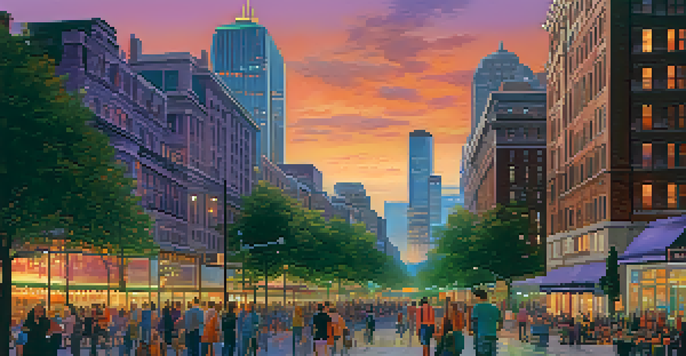 A colorful city skyline during sunset, filled with skyscrapers, historic buildings, and a park with green trees and flowers.