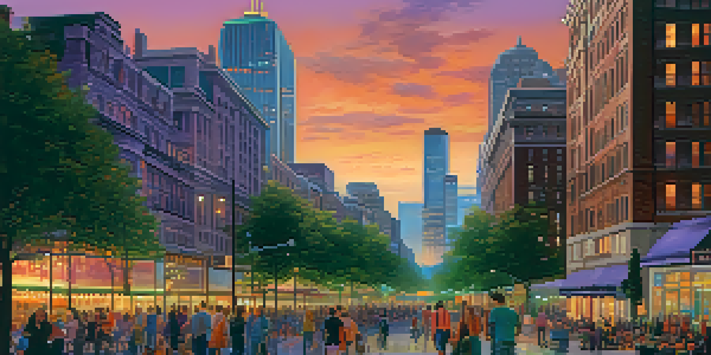 A colorful city skyline during sunset, filled with skyscrapers, historic buildings, and a park with green trees and flowers.