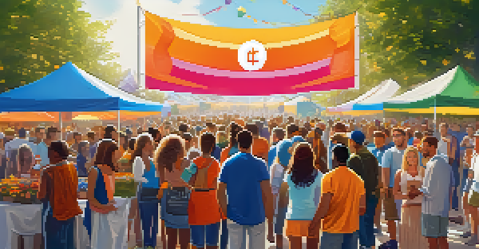 A lively charity event featuring people gathered around a large check, with colorful banners and balloons, promoting crypto donations.