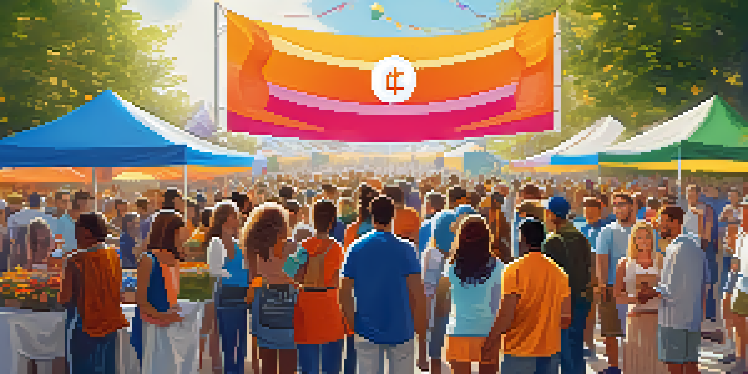 A lively charity event featuring people gathered around a large check, with colorful banners and balloons, promoting crypto donations.