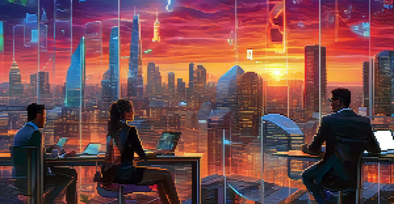 A futuristic city skyline at sunset with digital overlays of property icons and blockchain symbols.