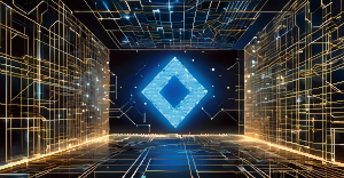 A close-up view of a glowing blockchain network with interconnected blocks and digital patterns in the background.