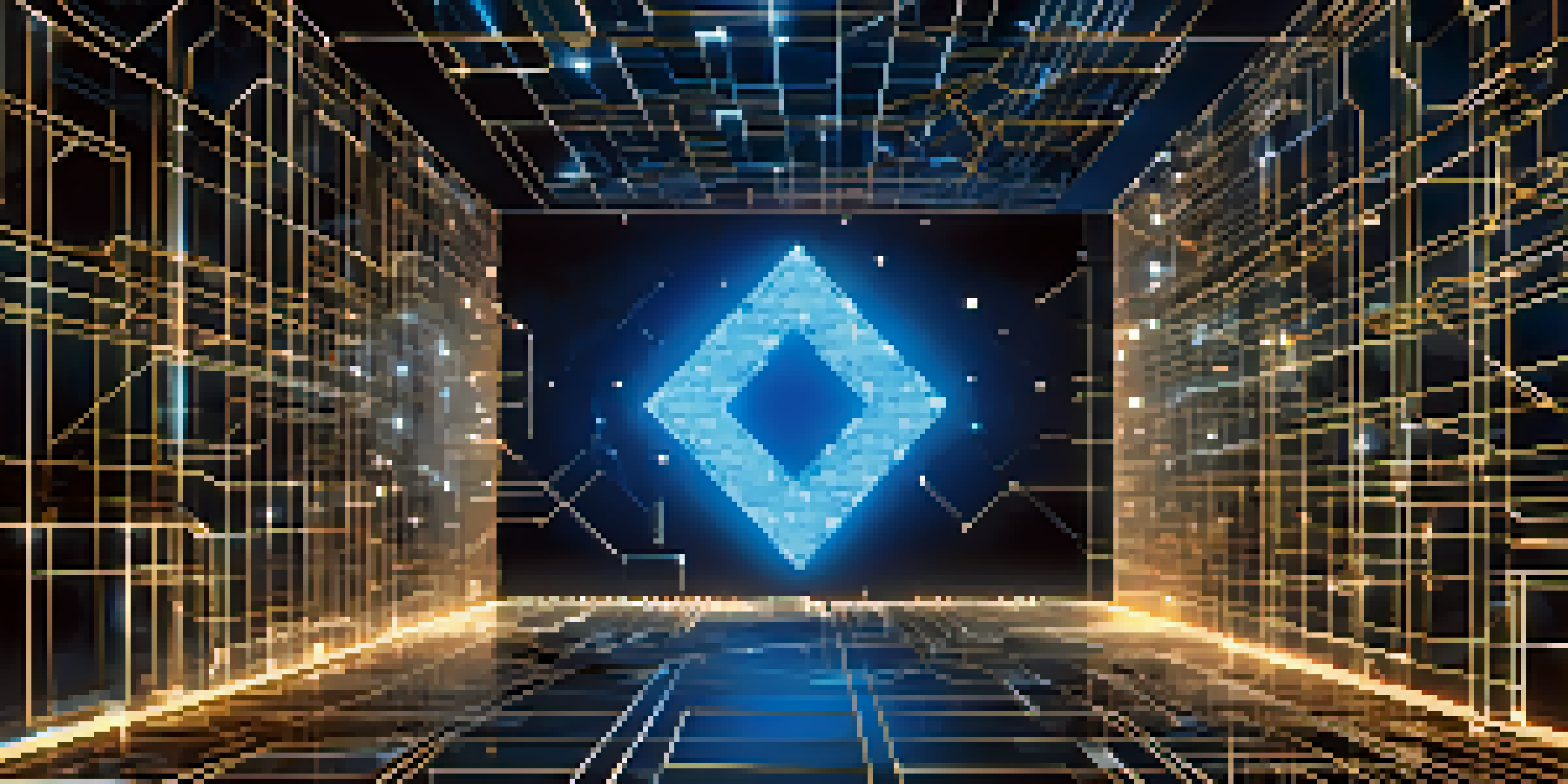A close-up view of a glowing blockchain network with interconnected blocks and digital patterns in the background.