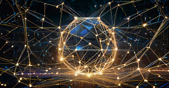 A visualization of a blockchain network with glowing nodes and interconnected lines, representing data flow and security.