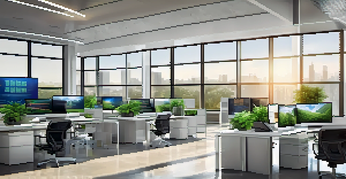 A contemporary office with a digital screen showing cryptocurrency trends, featuring modern furniture and natural light.