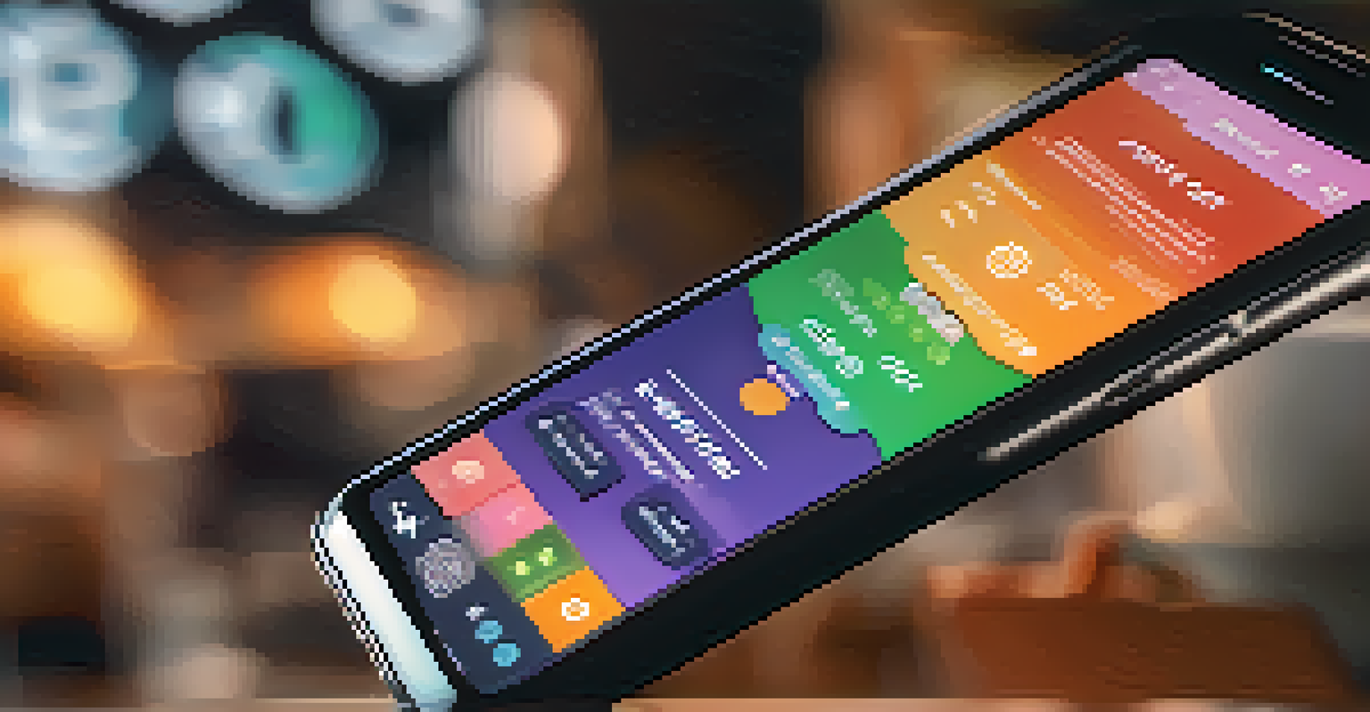 A close-up of a hand holding a smartphone showing cryptocurrency trading graphs in a coffee shop setting.