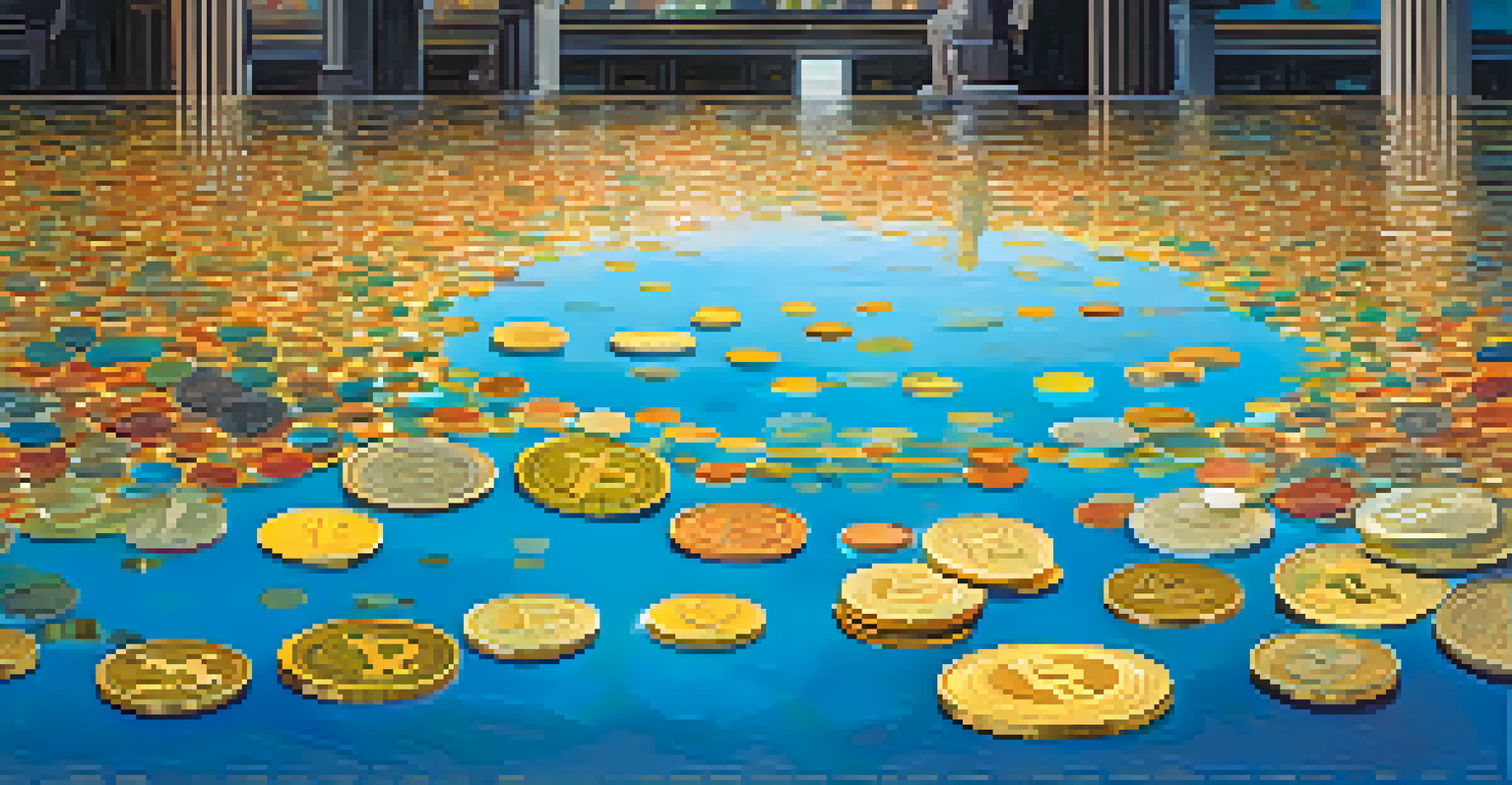 An artistic visualization of a liquidity pool with coins and tokens floating in water, representing market dynamics.