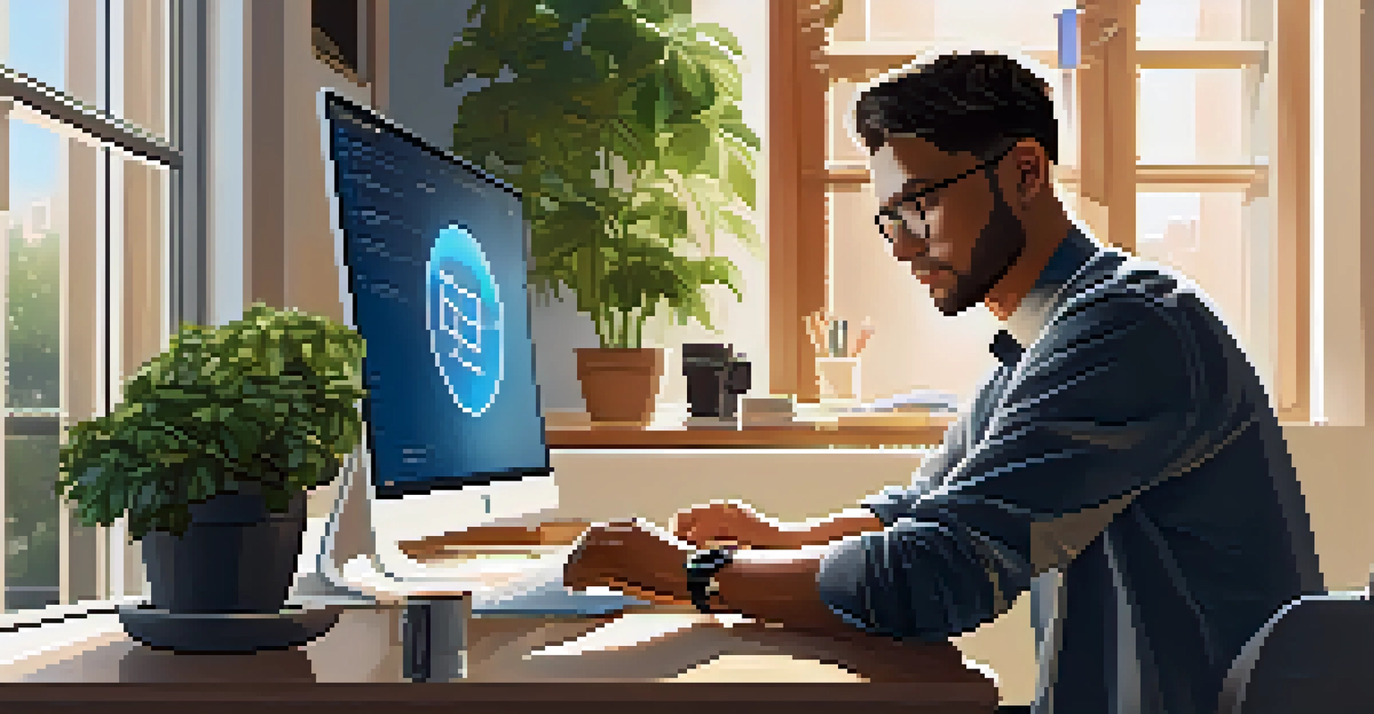 A person at a desk with a laptop, focused on securing their cryptocurrency account, in a well-organized workspace with natural light.