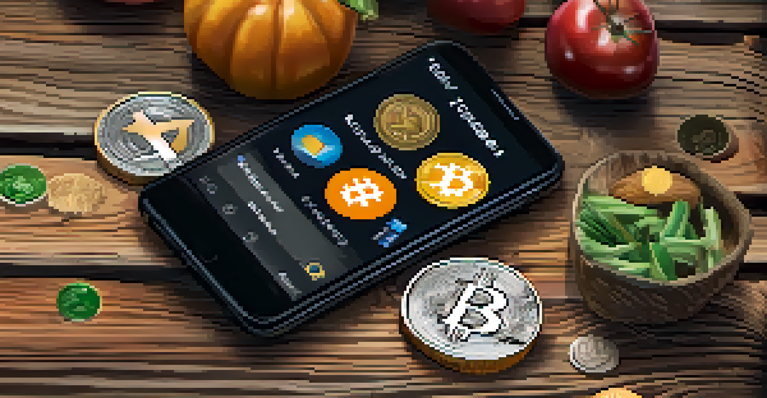 A close-up of a smartphone showing a cryptocurrency wallet app with digital coins above it, set on a rustic wooden table.