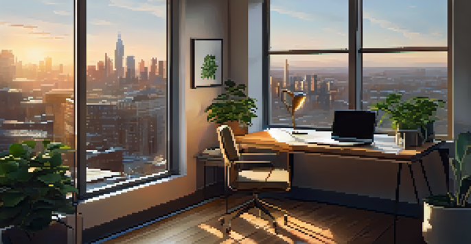 A peaceful office setting with a view of a city skyline during sunset, featuring plants and a modern desk.