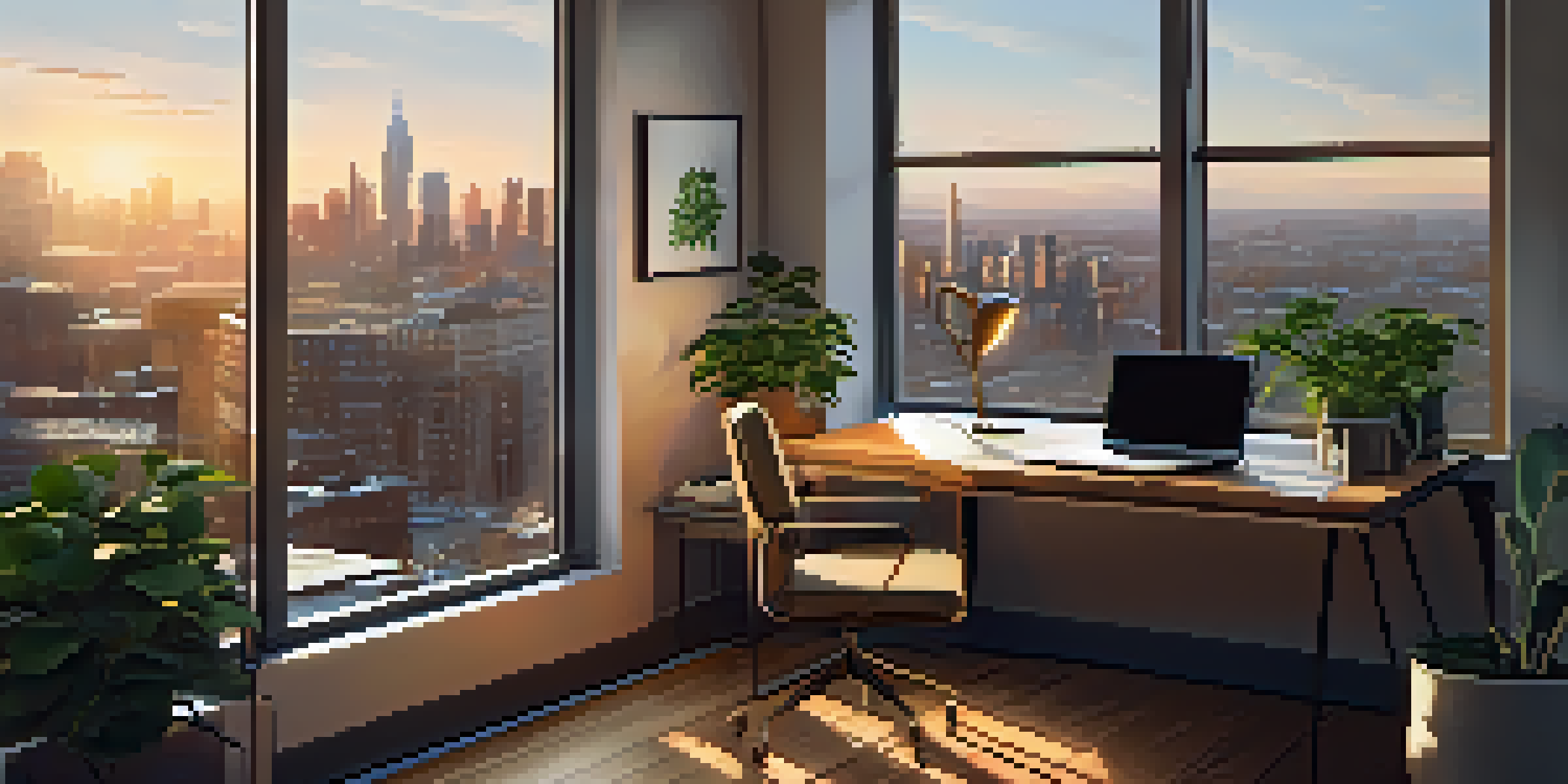 A peaceful office setting with a view of a city skyline during sunset, featuring plants and a modern desk.