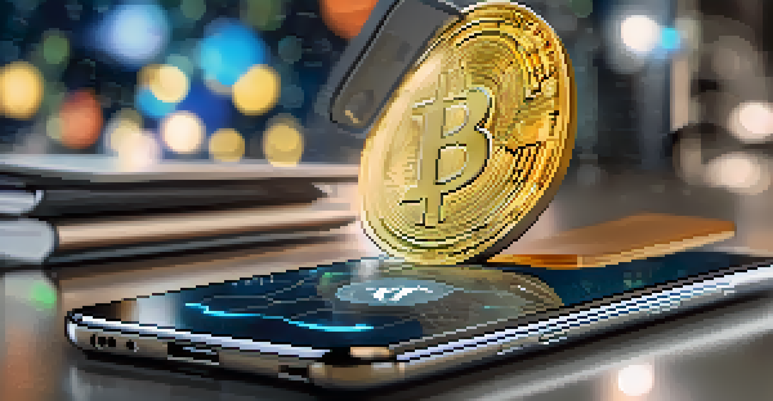A hand holding a smartphone with a cryptocurrency wallet app, surrounded by digital coins.