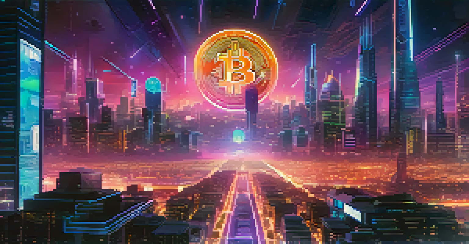 A futuristic city with floating cryptocurrency symbols and glowing holographic interfaces amidst neon lights.