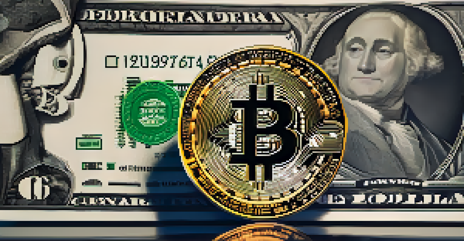 A close-up of a Bitcoin surrounded by stock market graphs and dollar bills, representing the integration of cryptocurrencies into finance.