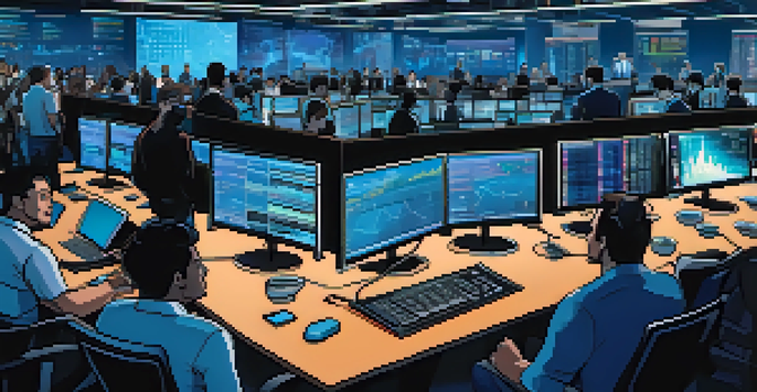 A lively cryptocurrency trading floor with traders observing price charts on glowing monitors.